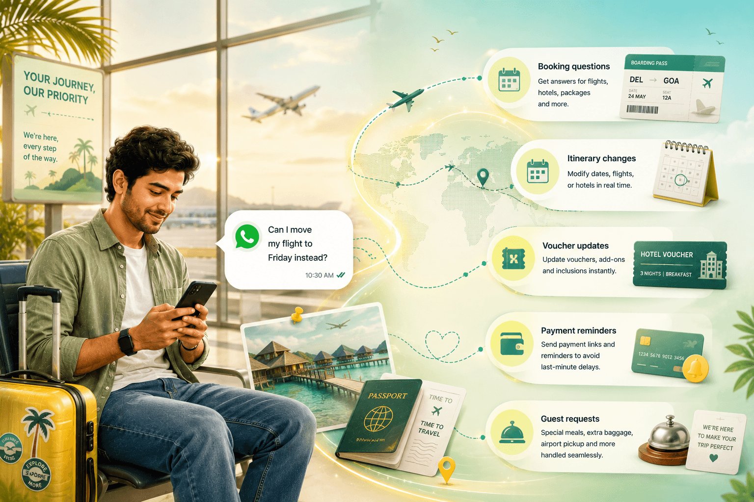 Travel WhatsApp workflow from itinerary change request to booking, voucher, payment, and guest follow-up